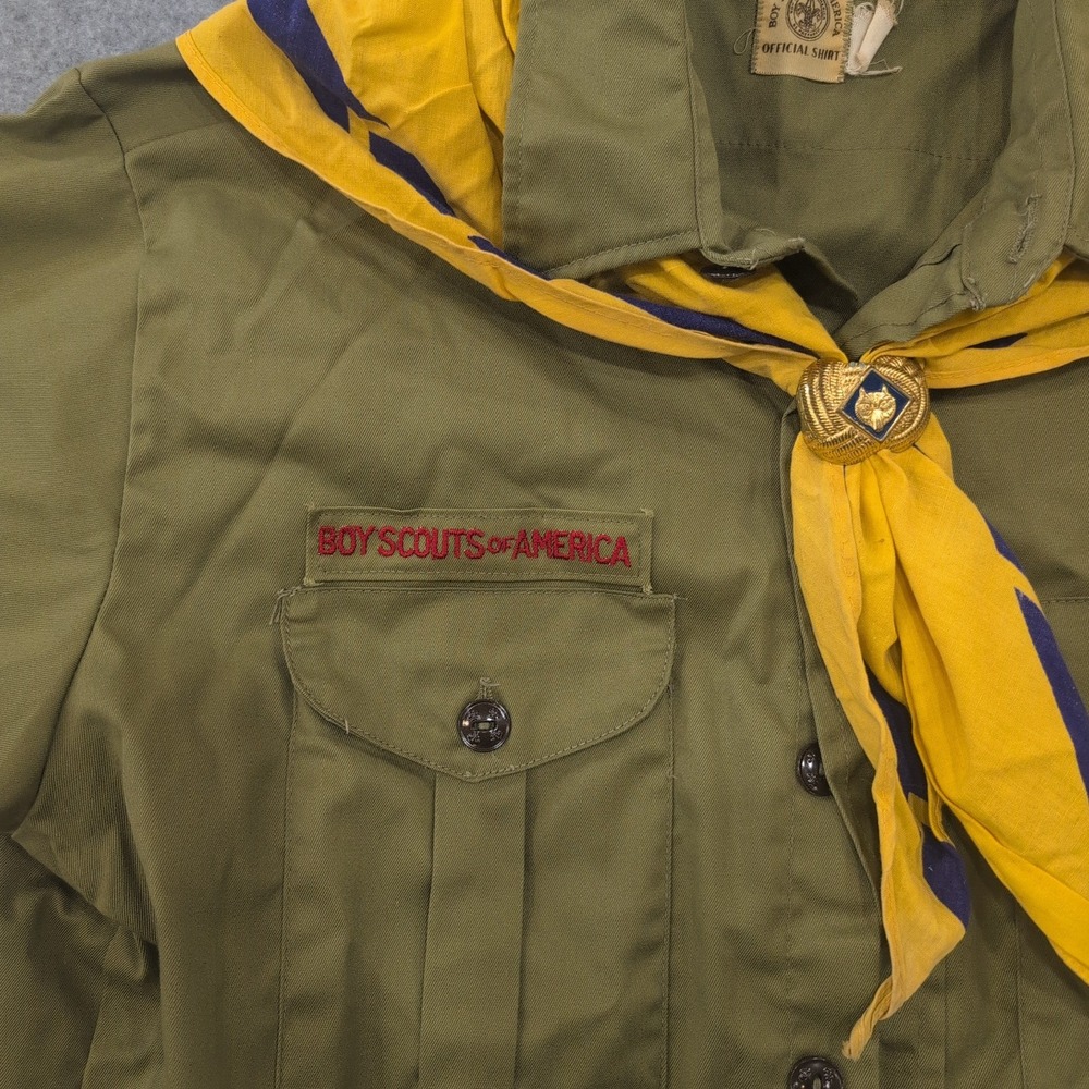 VTG Boy Scouts of America Official Shirt Khaki Long Sleeve w Neckerchief & Slide - Picture 2 of 5